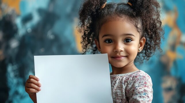 Adorable preschool child with curly hair holding blank white paper against colorful blue wall background, perfect for educational or advertising content with copy space.