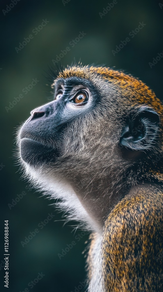 Poster a close-up profile of a monkey, showcasing its expressive features and fur texture.