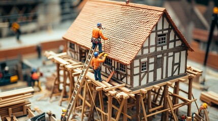 Miniature construction scene depicting workers building a detailed model house with timber framing and scaffolding, showcasing intricate craftsmanship and architectural design.