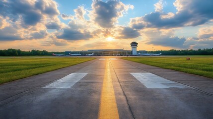 Naklejka premium Airport Runway Sunset Scene With Airplanes And Control Tower