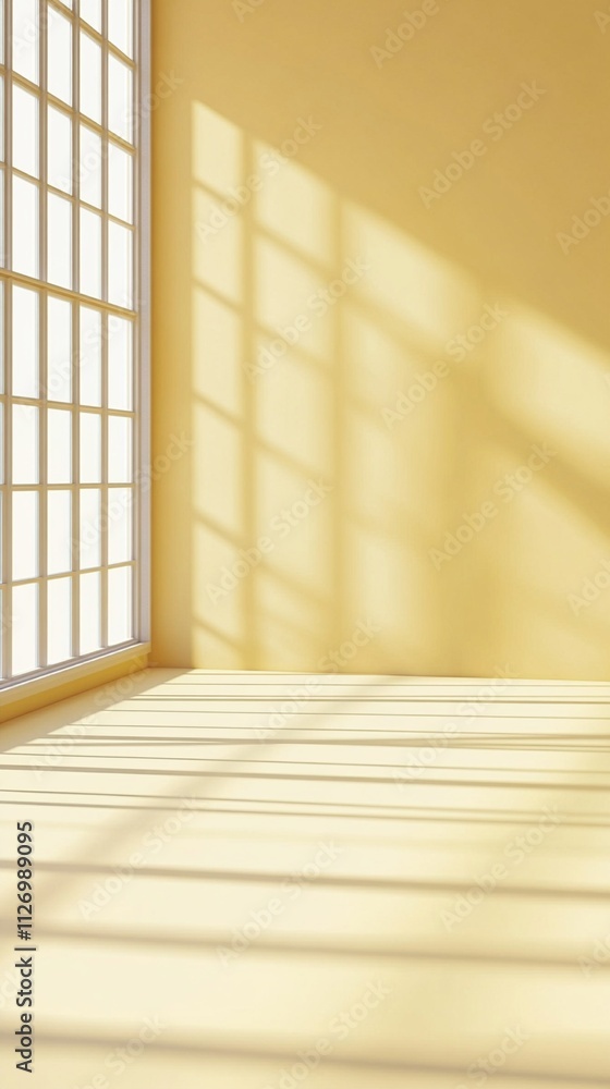 Poster sunlight streams through a large window, casting soft, intricate patterns of light and shadow across