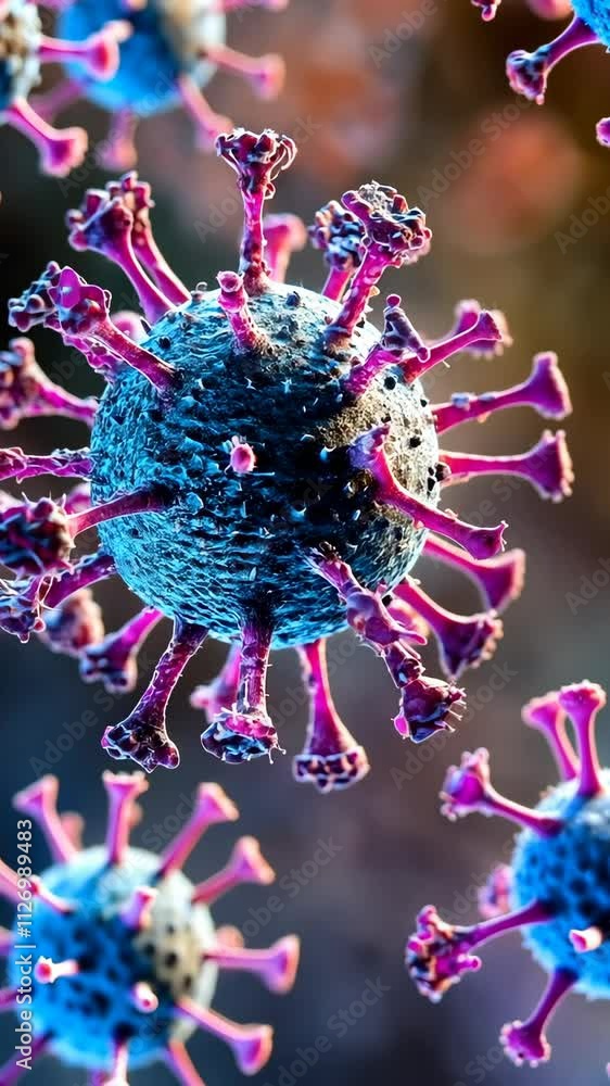 Poster detailed illustration of a virus displaying its structure and spikes in a scientific representation