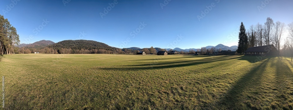Poster a panoramic view of a serene landscape with mountains and trees under a clear sky.