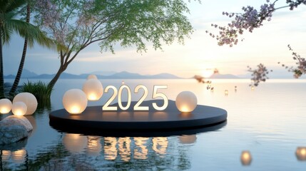 Serene Waterfront Scene Featuring Year 2025 with Soft Lanterns, Nature Elements