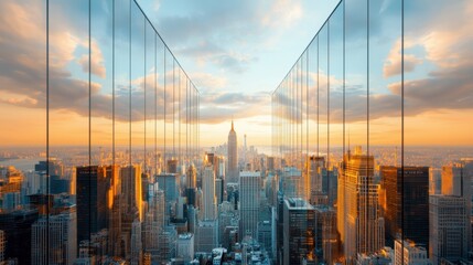 The panoramic skyline showcases a modern cityscape filled with towering buildings adorned with sleek glass windows that reflect the surrounding landscape