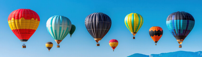 Obraz premium Feel free flying concept. A vibrant array of colorful hot air balloons floats against a clear blue sky, showcasing a stunning display of patterns and designs.