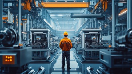 Naklejka premium A factory engineer standing near a large automated assembly line, detailed metal parts being processed, vibrant and high-tech environment 