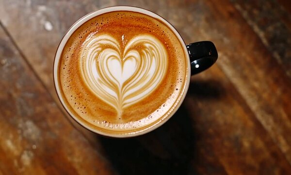A cup of latte art coffee with a heart design, on a wooden surface.