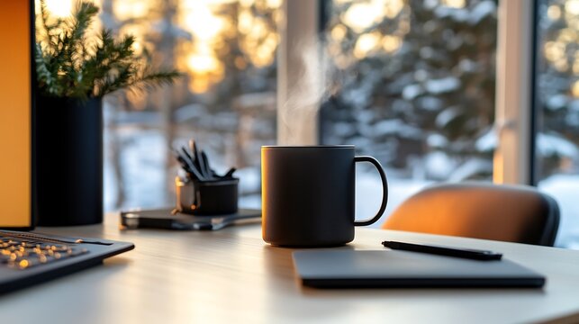 Cozy Winter Workspace: A Warm Mug of Coffee by the Window
