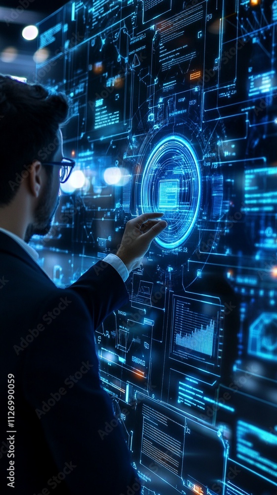 Poster business professional interacts with futuristic digital interface showcasing data analytics and tech