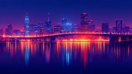 Fototapeta premium Night Cityscape Illuminated City Skyline Bridge Reflection