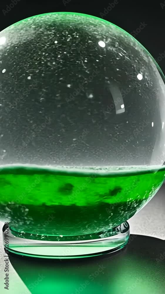 Poster green liquid in a glass sphere creates a captivating visual in a science experiment setup