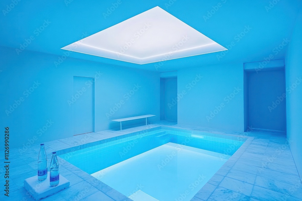 Poster a serene indoor pool area illuminated with soft blue lighting, creating a calming atmosphere.