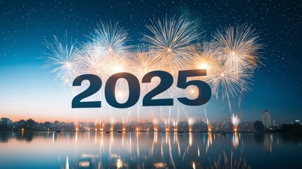 Stunning Fireworks Display Welcoming the New Year 2025 Reflected in a Calm Lake with Stars Shining Above Creating a Magical and Joyful Atmosphere for Celebrations