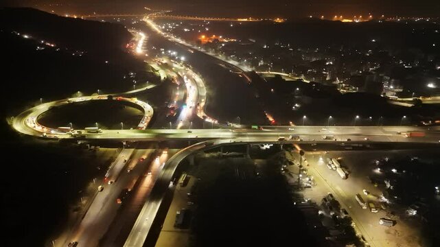 Aerial Night View of Expressway Interchange