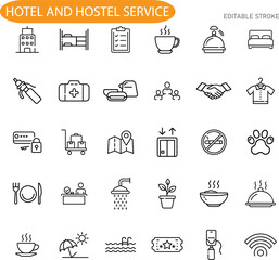 Hotel and Hostel Services Icons, Amenities, and Guest Experience
