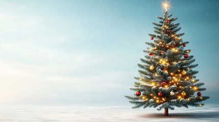 A beautifully decorated Christmas fir tree stands tall against a serene blue background, adorned with twinkling lights, shining ornaments, and a sparkling star on top.