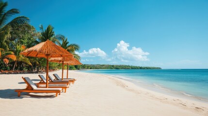 Naklejka premium Serene Tropical Beach with Wooden Lounge Chairs under Straw Umbrellas and Crystal Clear Sky