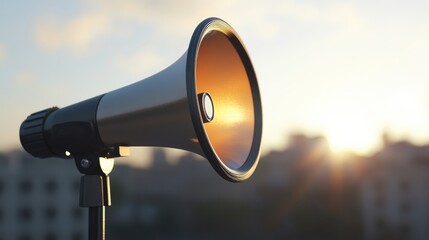 A Close-Up View of a Classic Megaphone Against a Soft Sunset Background in Urban Setting, Symbolizing Communication and Announcement Power