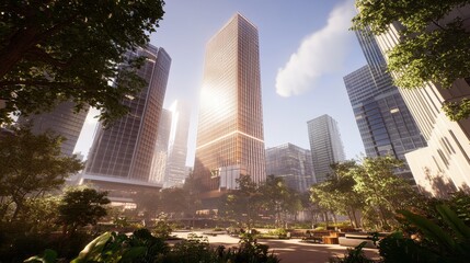 Fototapeta premium Majestic City Skyline with Towering Skyscrapers and Lush Greenery