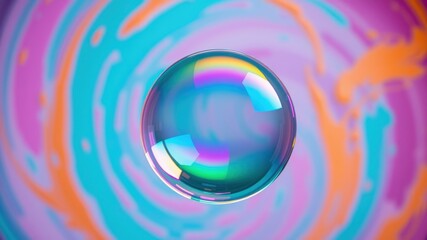 Iridescent sphere floats above a swirling abstract backdrop