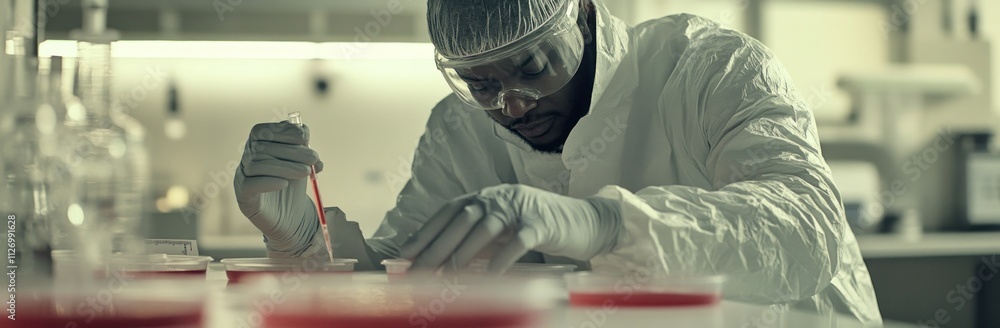 Poster a scientist in a lab coat conducts experiments with liquids in a laboratory setting.