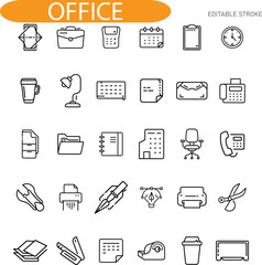 Office Supplies Icons Workplace Essentials, Editable Line Art