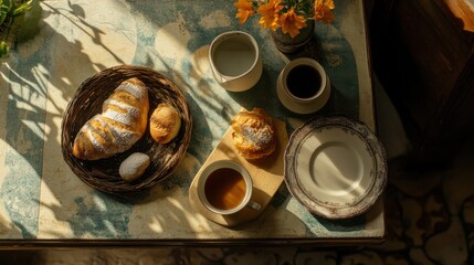 Freshly Baked Pastries and Beverages on Rustic Table Surrounded by Natural Light and Floral Arrangement, Perfect for Cozy Mornings or Afternoon Treats