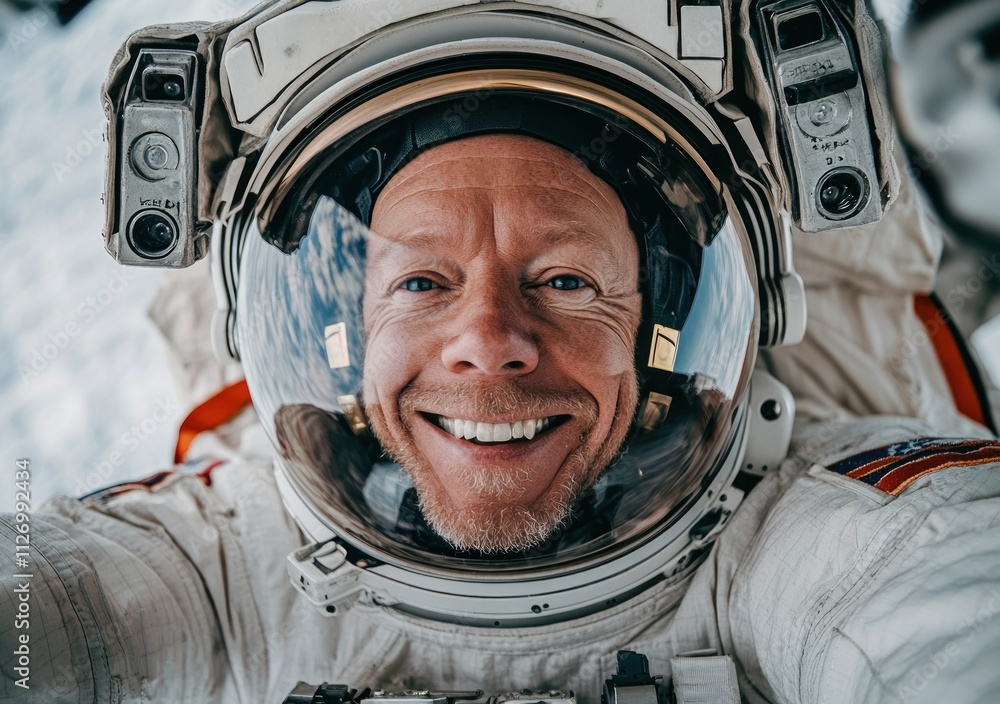 Poster astronaut taking a selfie in space, showcasing the helmet and a joyful expression.