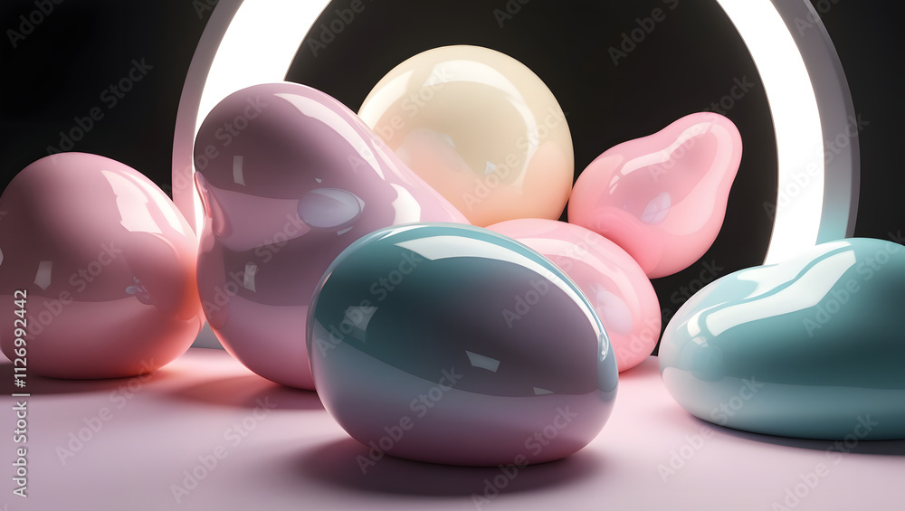 Poster pastel dreamscape: smooth, glossy spheres in soft pastel hues rest on a pale pink surface, bathed in