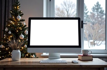 Fototapeta premium Computer Monitor with a white screen mock up on table in the cozy home office of Christmas decor with Christmas tree and window with snowy winter outside.
