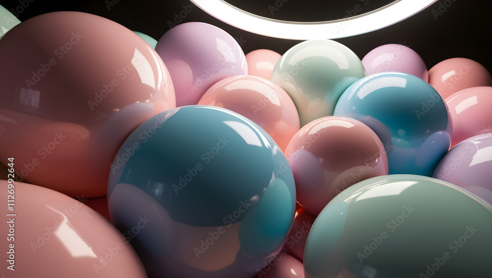 Poster pastel dreamscape: a mesmerizing cluster of glossy pastel spheres bathed in soft light, creating a d