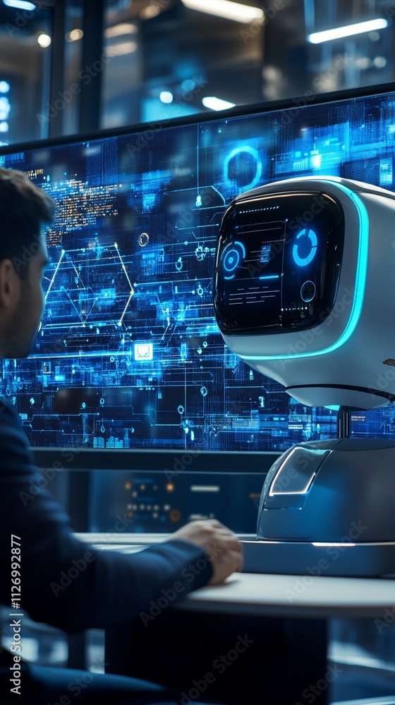 Poster a professional immersed in futuristic technology interacts with a sophisticated ai interface, reflec