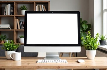 Computer Monitor with a white screen mock up on table in cozy home office with potted plants, bookshelf And white cup of coffee.