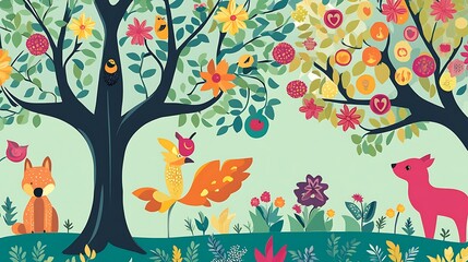 Enchanted Forest Animals Amongst Colorful Blossoms And Birds