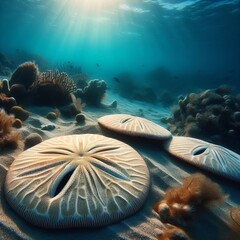 Sand dollars resting on the seafloor ;