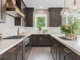 Modern kitchen with Mocha Mousse accents and natural light