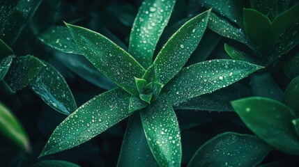 Fototapeta premium Fresh green succulent leaves with water droplets glistening in soft light, showcasing their vibrant textures.