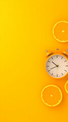 Vibrant Yellow Background with Clock and Oranges