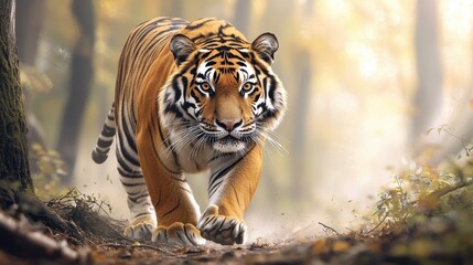 The majestic tiger effortlessly glides through the dense forest, its orange and black stripes blending seamlessly with the dappled sunlight filtering through the lush canopy above
