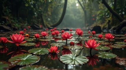 Fototapeta premium Red water lilies blooming in a misty pond in the jungle