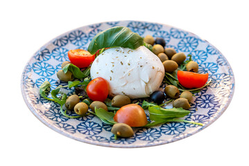 Buffalo mozzarella, olives, tomatoes and basil on a plate with a blue pattern