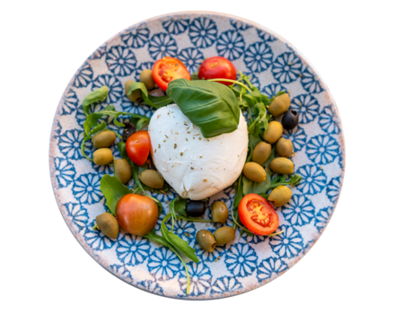 Buffalo mozzarella, olives, tomatoes and basil on a plate with a blue pattern
