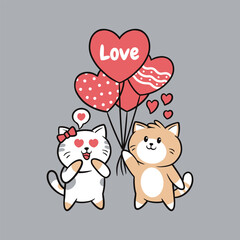 cute cat falling in love and holding love balloons cartoon vector icon illustration isolated