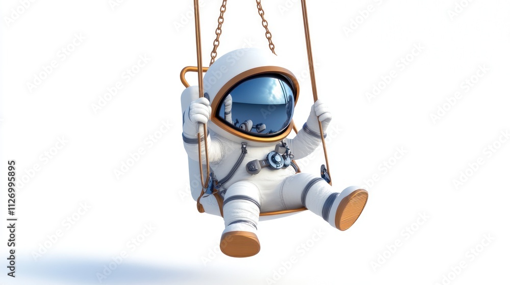 Poster an astronaut in a spacesuit swings on a swing set against a white background.