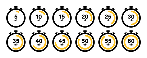 Timer, clock, stopwatch countdown icon set with 5 minutes gap in yellow color vector illustration on white background. Set of timers. 5, 10, 15, 20, 25, 30, 35, 40, 45, 50, 55, and 60 minutes.