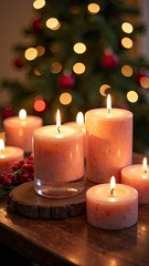 Handmade natural eco flaming candle on a Christmas background. Gift, present, craft for New Year and Christmas. Hobby candle making, home made.