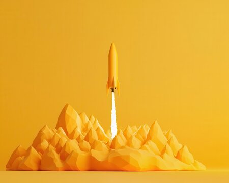 Dynamic visual of a rocket launching into a goldtinted sky, Economic windfall, Skyrocketing prosperity