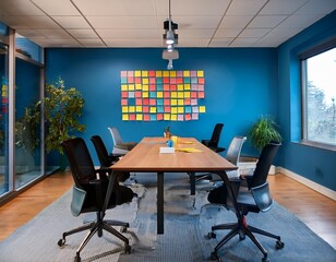 modern office meeting room with colorful post it notes a bright blue wall and stylish chairs promoting a creative workspace