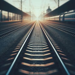 Naklejka premium Out of Focus Train Tracks The parallel lines of the tracks stret